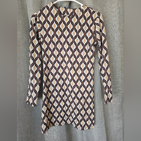 Zara Jacquard Knit Brown Geometric Retro Print Mini Shift Dress Size Small - Picture 1 of 4